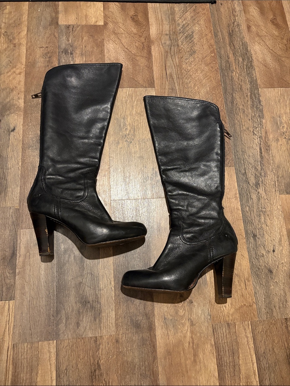 Frye Black Leather Knee High Heeled Boots
